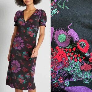 ModCloth Meow Bouquet Black Purple Cat Floral Print midi dress stretch 4X